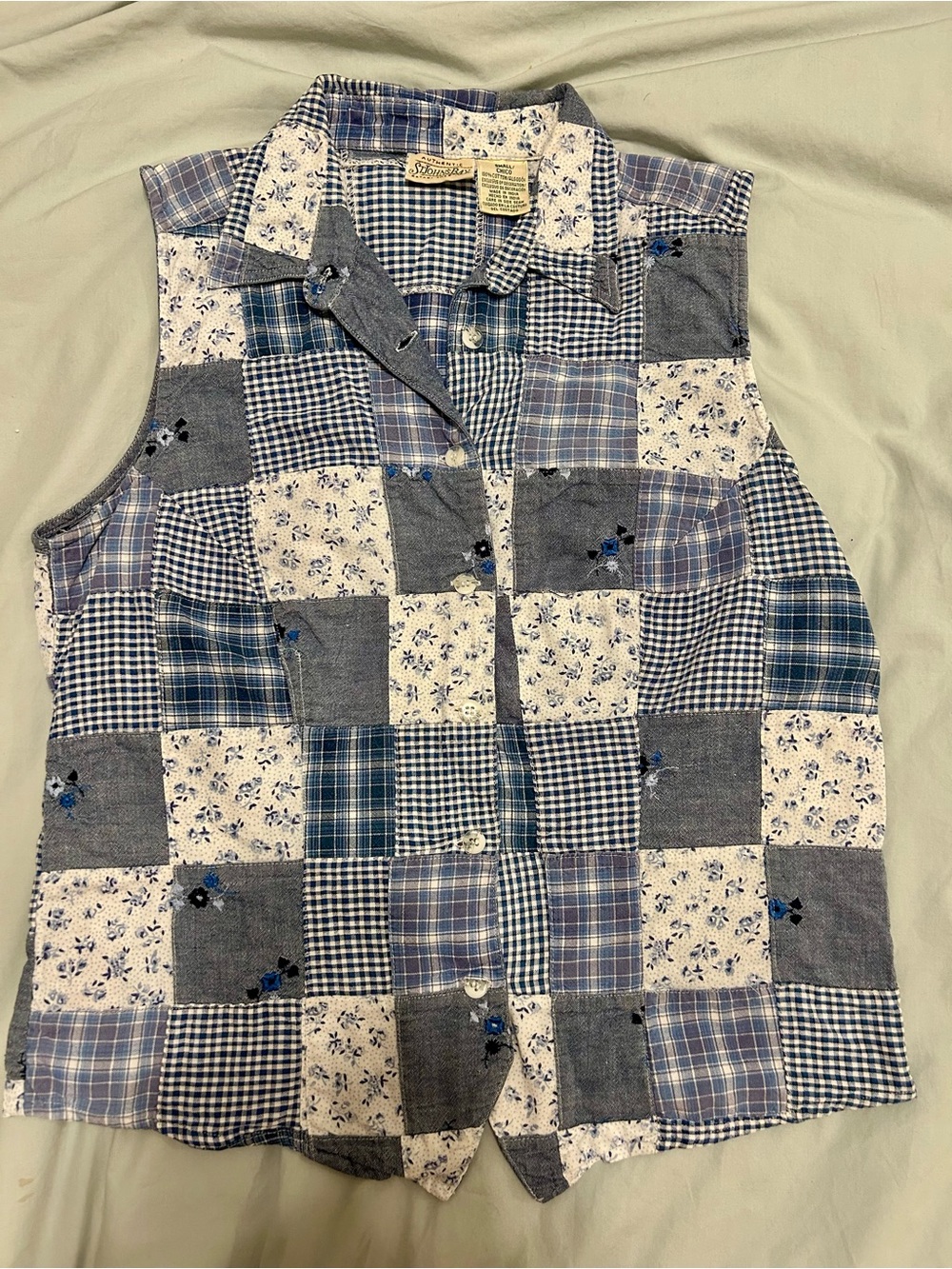 St. John's Bay Blue & White Patchwork Button-Front Sleeveless Top